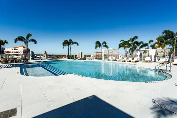 a view of a swimming pool with a yard