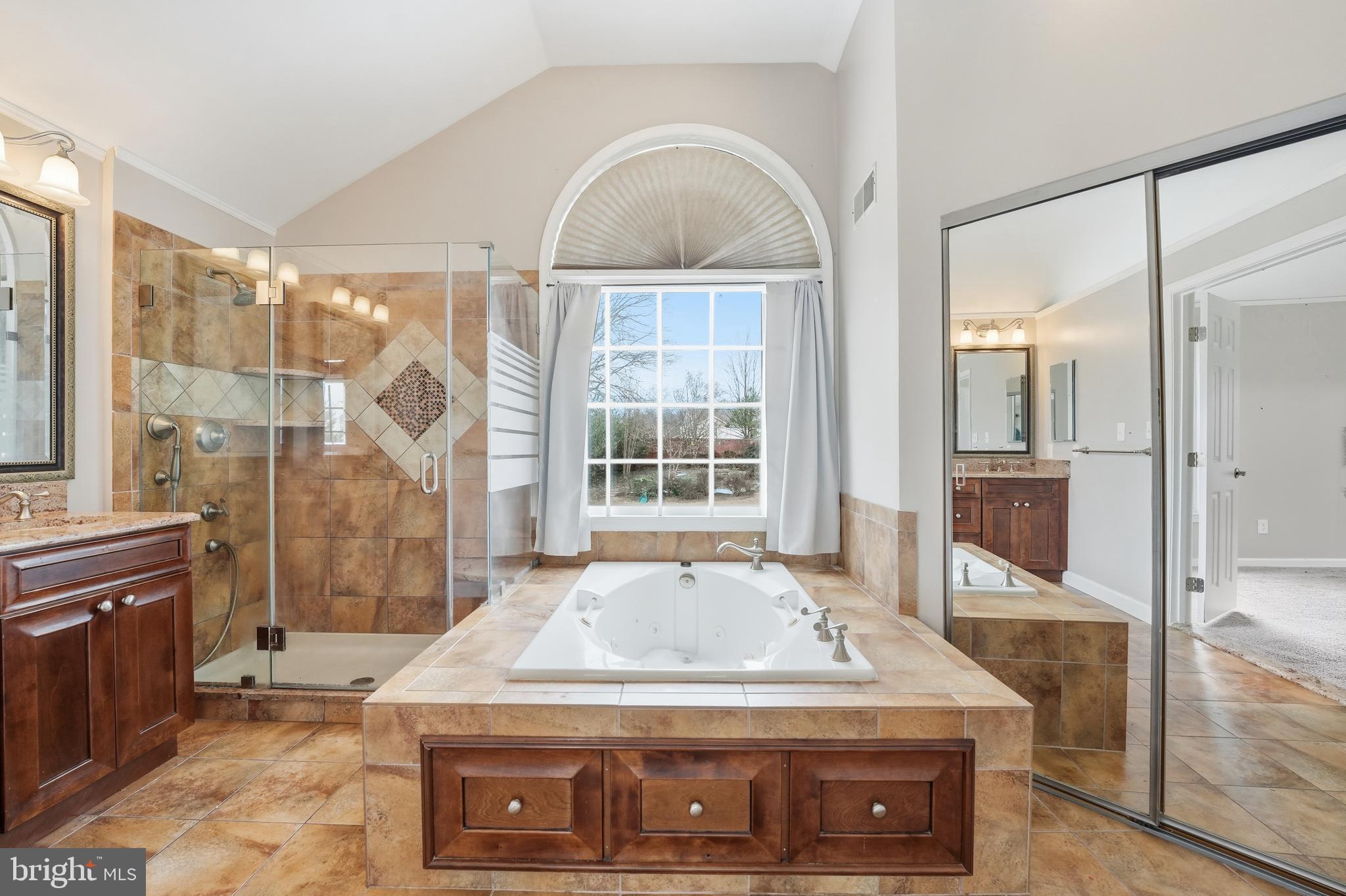 3582 Lions Field Road Triangle, VA 22172 - Photo 35 of 66 a bathroom with a granite countertop sink a mirror and a shower