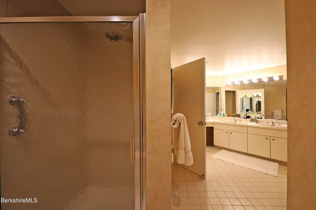 a bathroom with a shower and a sink