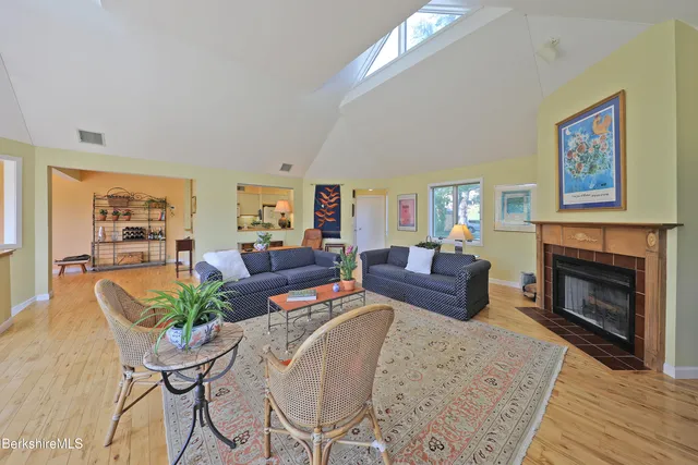 a living room with furniture a fireplace and a potted plant