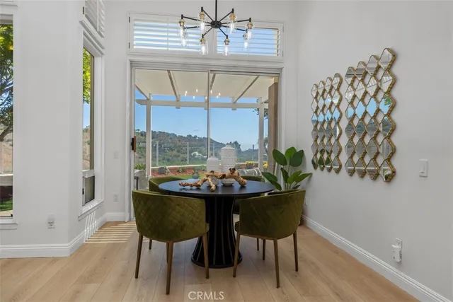 a view of a dining room with furniture and window