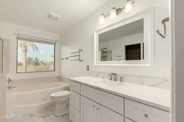 a bathroom with a granite countertop sink a toilet and a bathtub