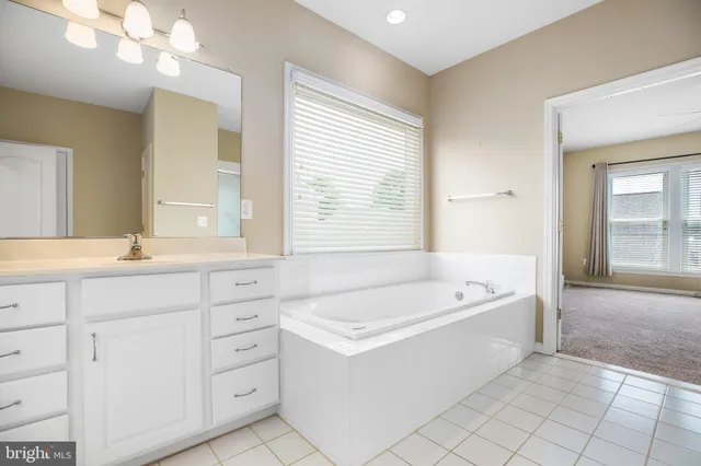 a bathroom with a tub a sink a vanity and a large mirror