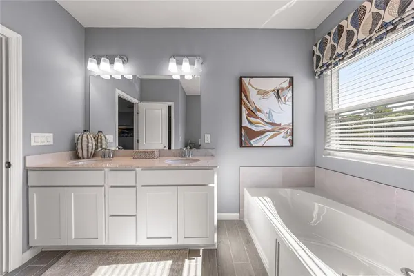 a bathroom with a sink a large mirror and a bathtub