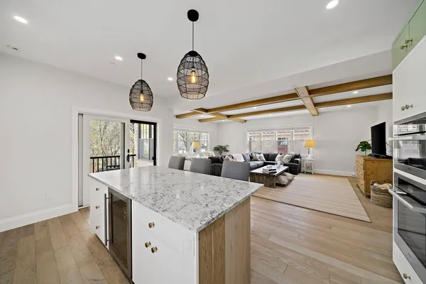 a view of a kitchen counter space and a stove