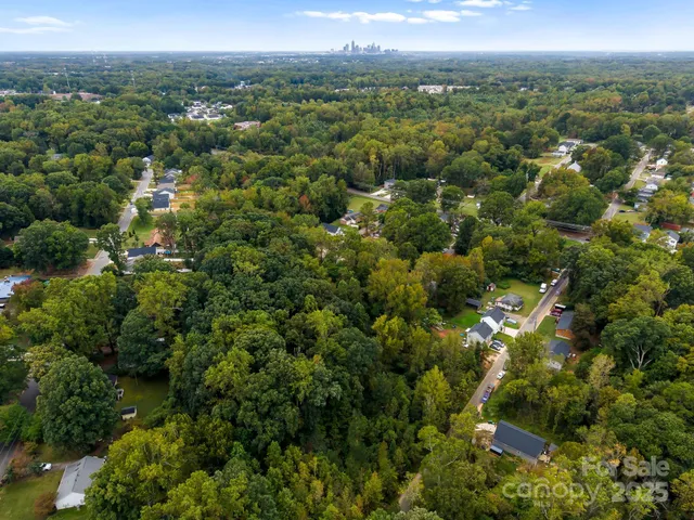 an aerial view of residential houses with outdoor space and trees