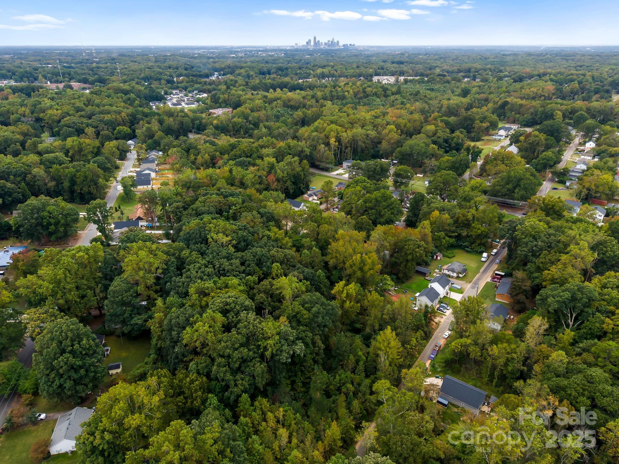 an aerial view of residential houses with outdoor space and trees