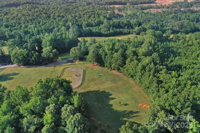 an aerial view of a house with a yard and large trees