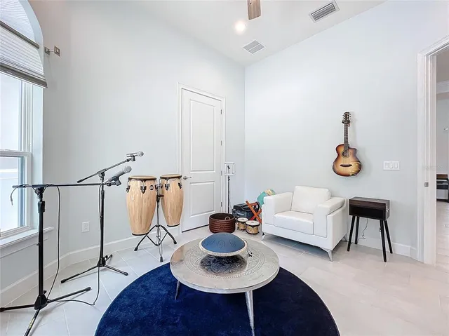 a view of a garden with an ocean