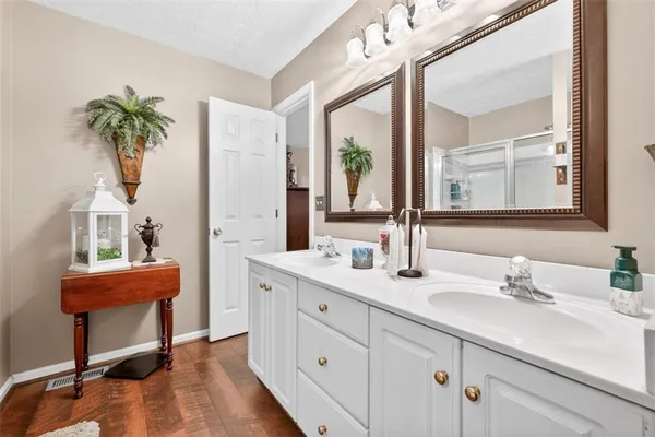 a bathroom with a sink a potted plant and a mirror