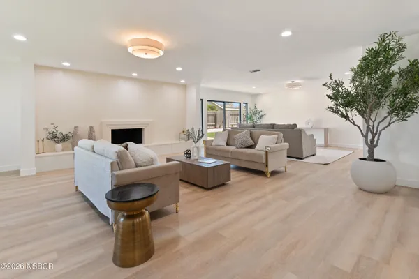 a living room with furniture and a potted plant