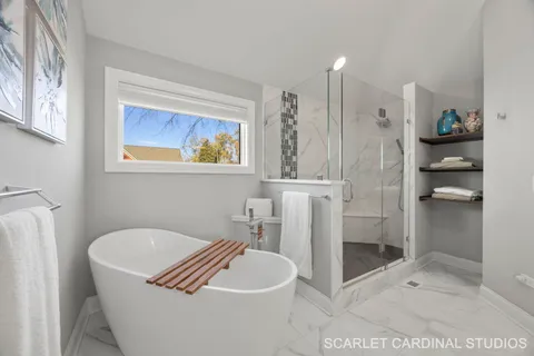 a bathroom with a bathtub and a shower