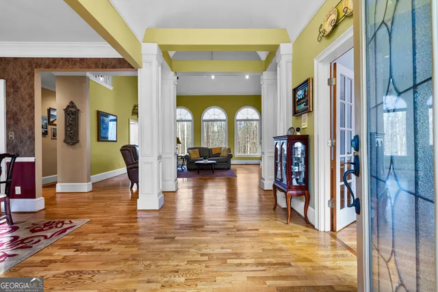 a view of a dining room with furniture window and outside view