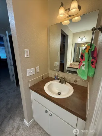 a bathroom with a sink and a mirror