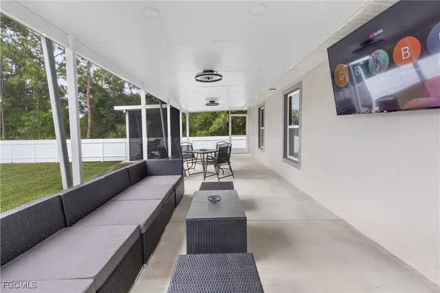 a living room with large window