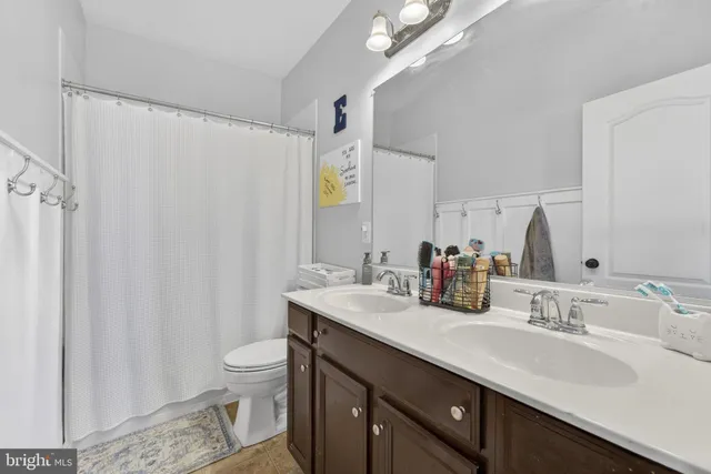 a bathroom with a double vanity sink toilet and a mirror