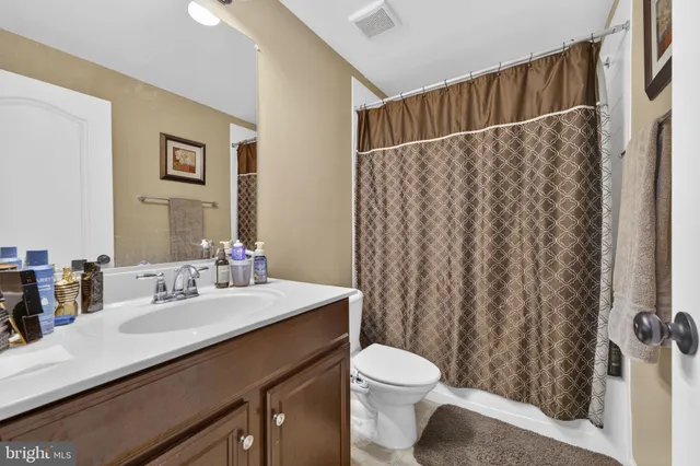 a bathroom with a sink a toilet a mirror and shower curtain