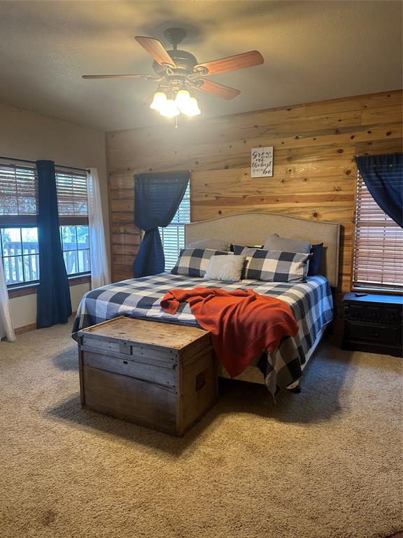 572 Oak Point Drive May, TX 76857 - Photo 23 of 36 Bedroom with light carpet, ceiling fan, and wood walls