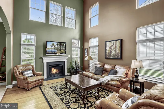 a living room with furniture a rug and a fireplace
