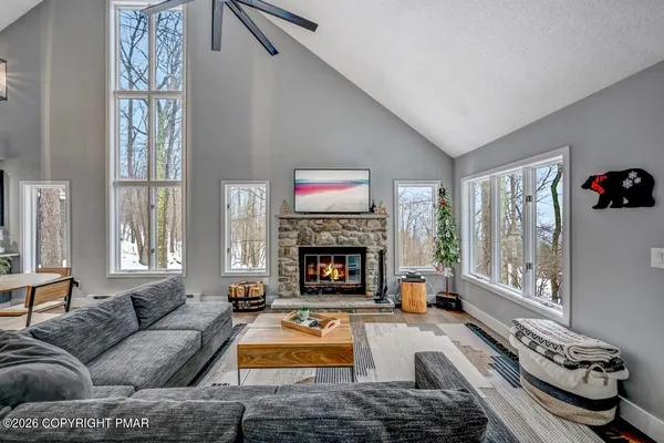 a living room with furniture and a fireplace