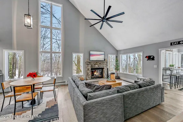 a living room with furniture and a fireplace