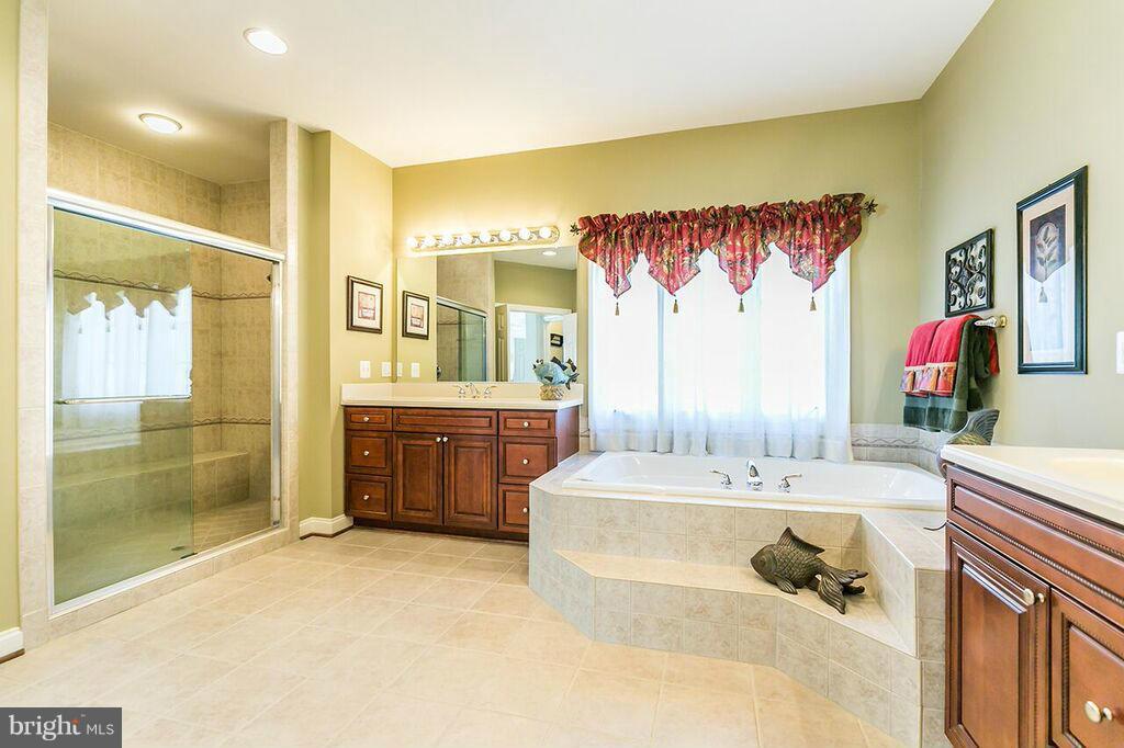 604 Clear Spring Road Great Falls, VA 22066 - Photo 17 of 28 a en suite bathroom with a double vanity sink a mirror and a shower