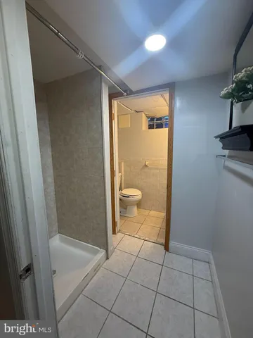 a bathroom with a shower and a toilet