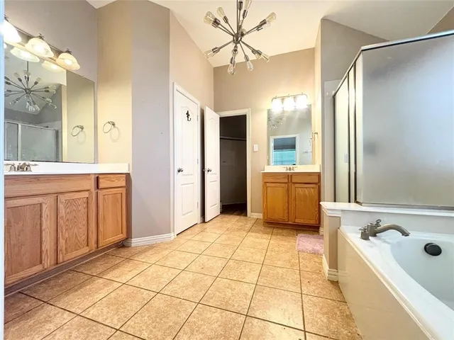 a bathroom with a tub a sink and a large mirror