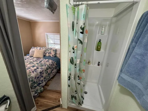 a bathroom with a bathtub