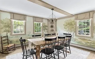 a view of a dining room with furniture window and outside view