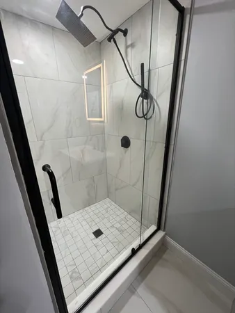 a bathroom with a shower and toilet