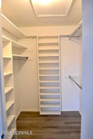 a view of walk in closet with empty racks