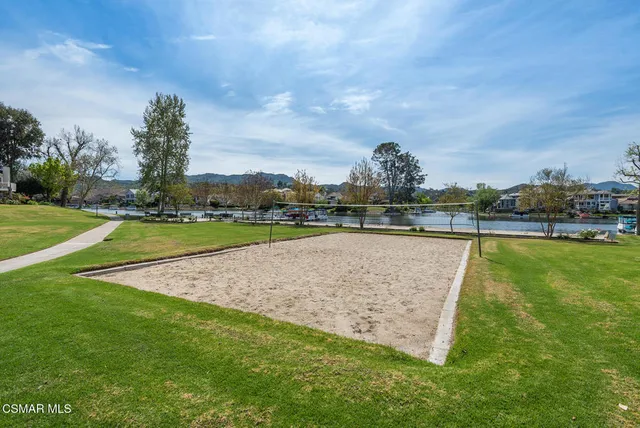 a view of a park with large trees