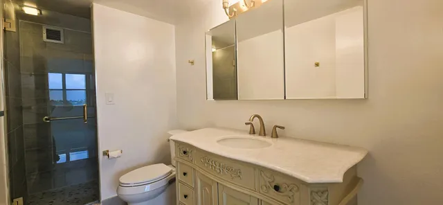 a bathroom with a granite countertop sink toilet and shower