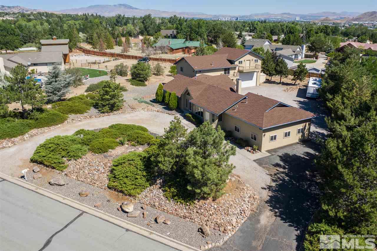 an aerial view of a house with garden