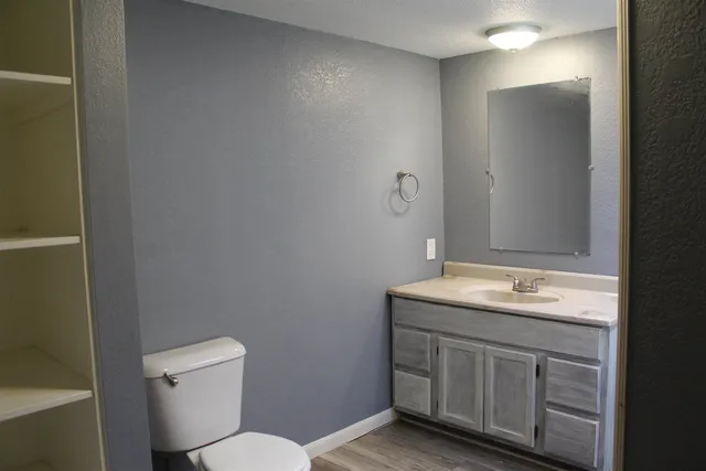 a bathroom with a granite countertop sink toilet and mirror