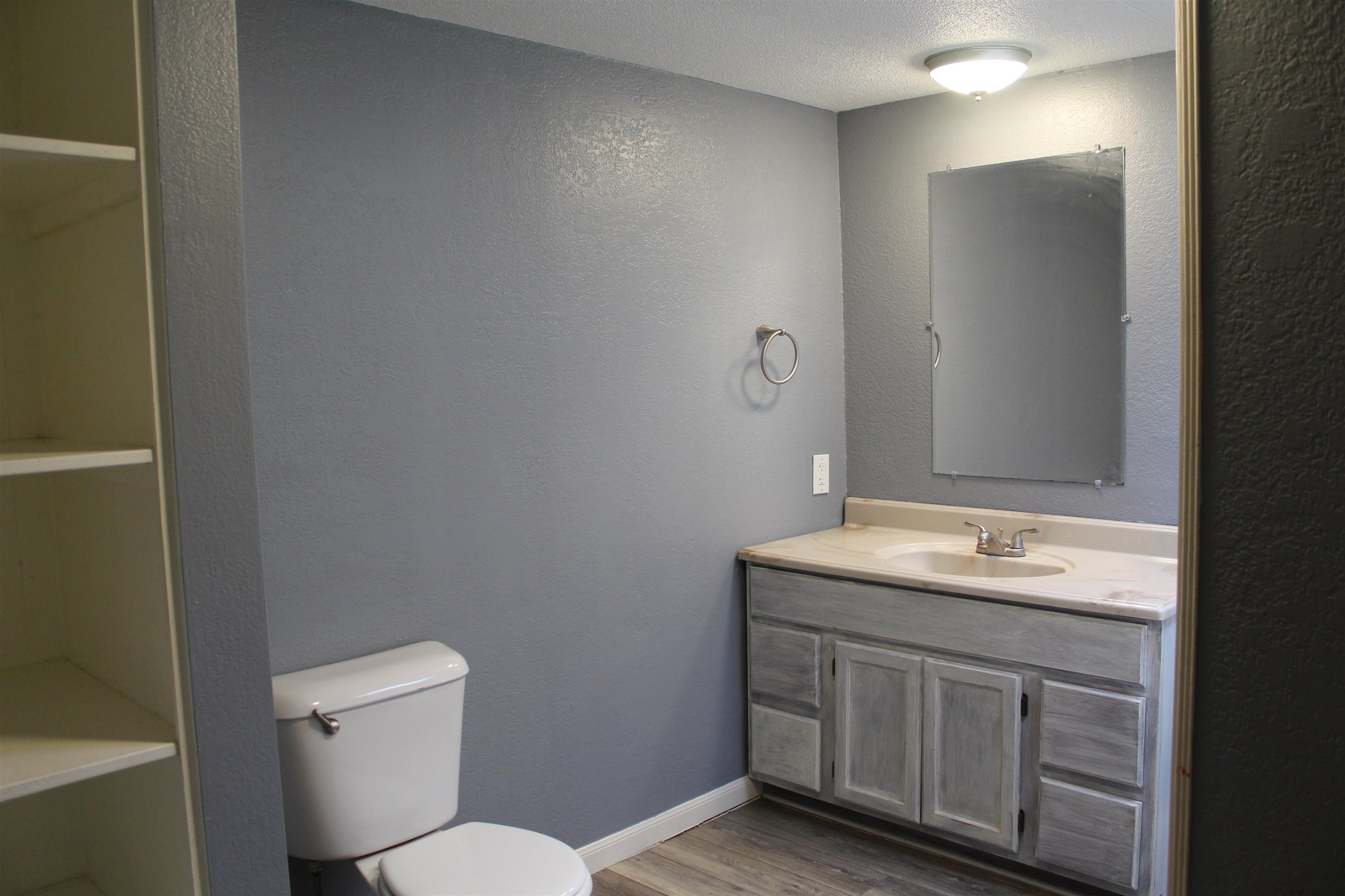 919 Austin Street Kingsland, TX 78639 - Photo 2 of 7 a bathroom with a granite countertop sink toilet and mirror