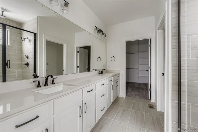 a bathroom with a double vanity sink a mirror and a shower