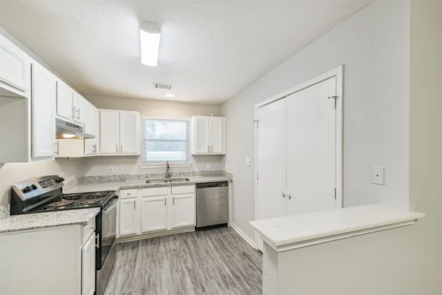 a kitchen with a sink a stove and cabinets