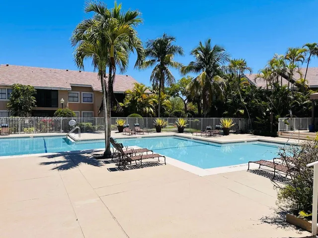 a view of a swimming pool with palm trees