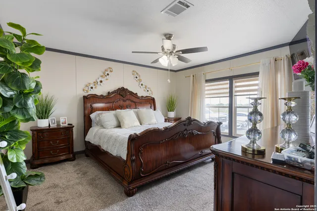 a bed room with a bed window and a potted plant