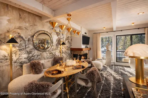a living room with furniture a fireplace and a floor to ceiling window