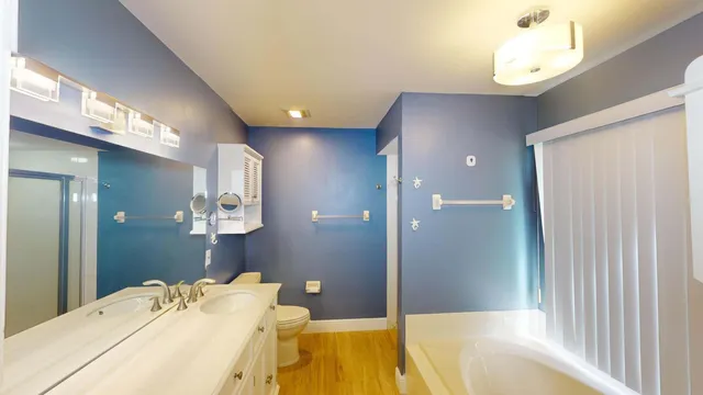 a bathroom with a sink mirror vanity and toilet