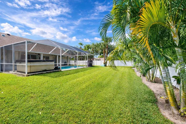 a view of a yard with large trees