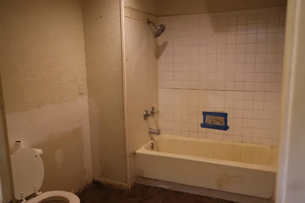 a bathroom with a bathtub and a toilet