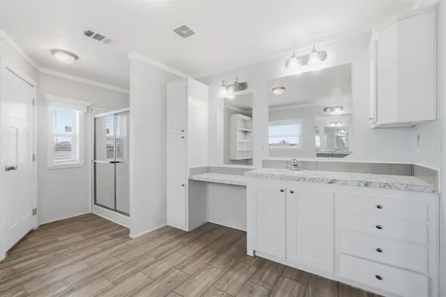 a bathroom with a sink mirror and a shower