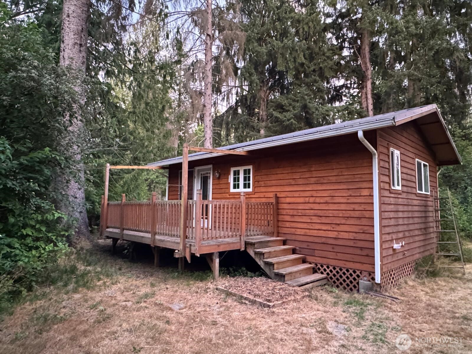 a view of a small house covered with trees in the background