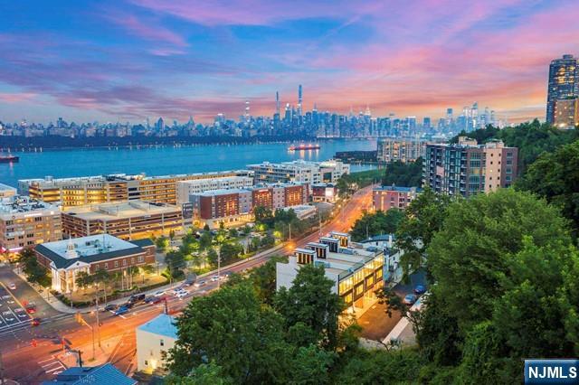a view of a lake with a city