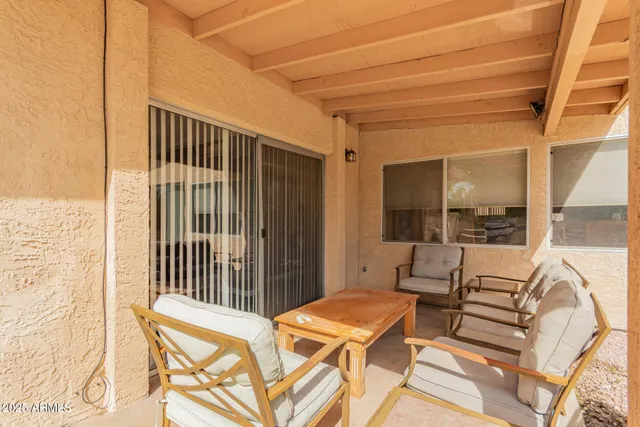 a view of a patio with table and chairs potted plants and palm tree