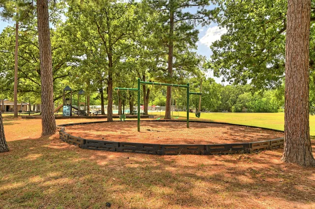 a view of a yard with plants and large trees